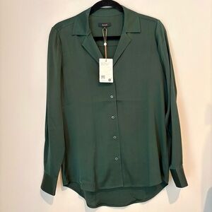 Quince NWT Washable Stretch Silk Notch Collar Blouse Forest Green sz Small